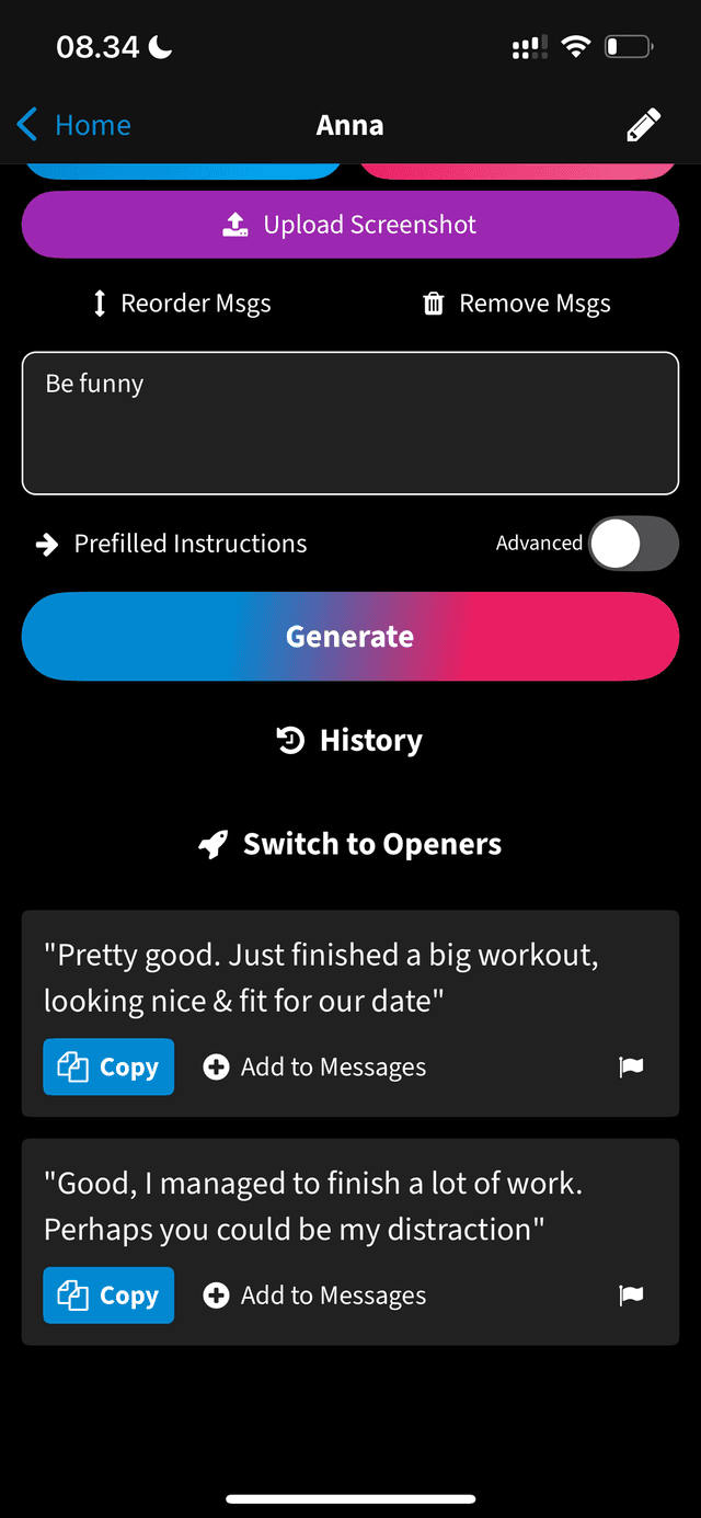 FireTexts with Be funny instruction typed in