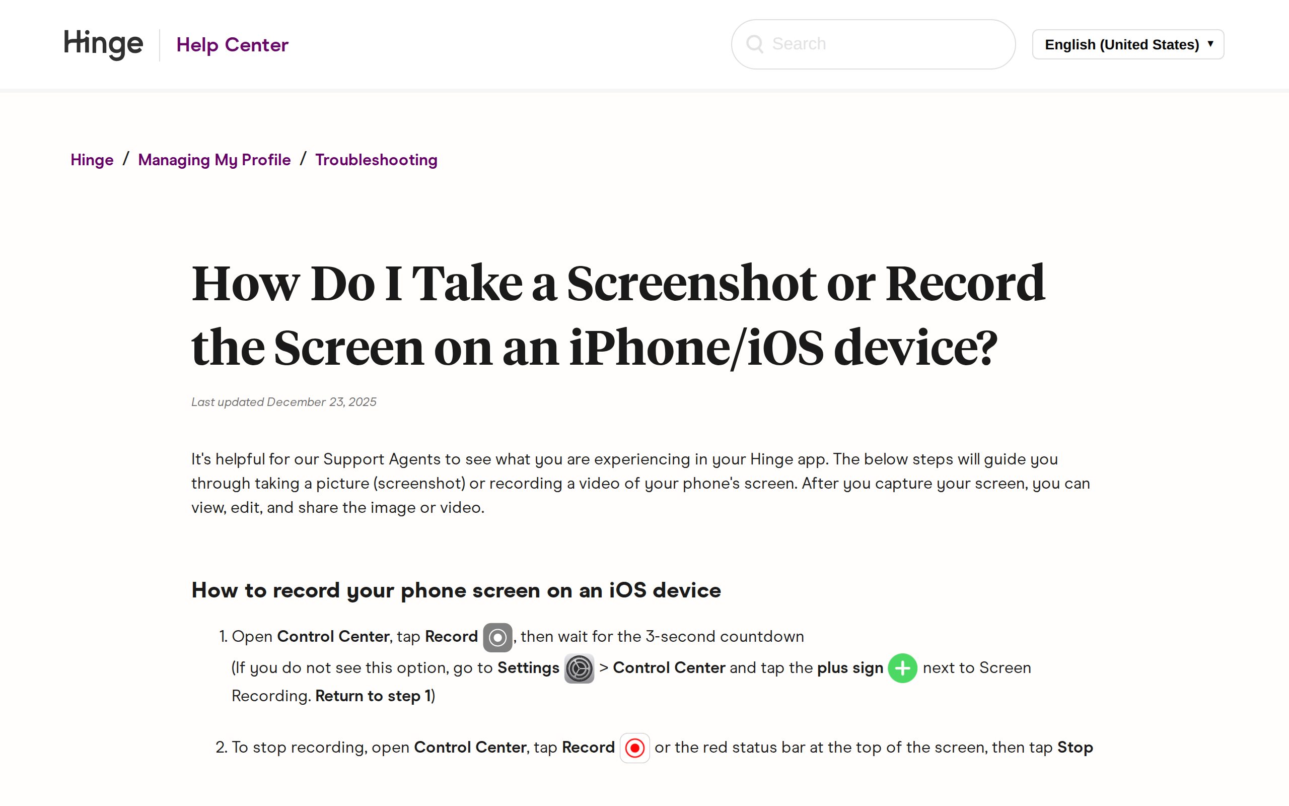 Hinge Help Center article titled How Do I Take a Screenshot or Record the Screen on an iPhone or iOS device, with step by step instructions for opening Control Center and tapping Record