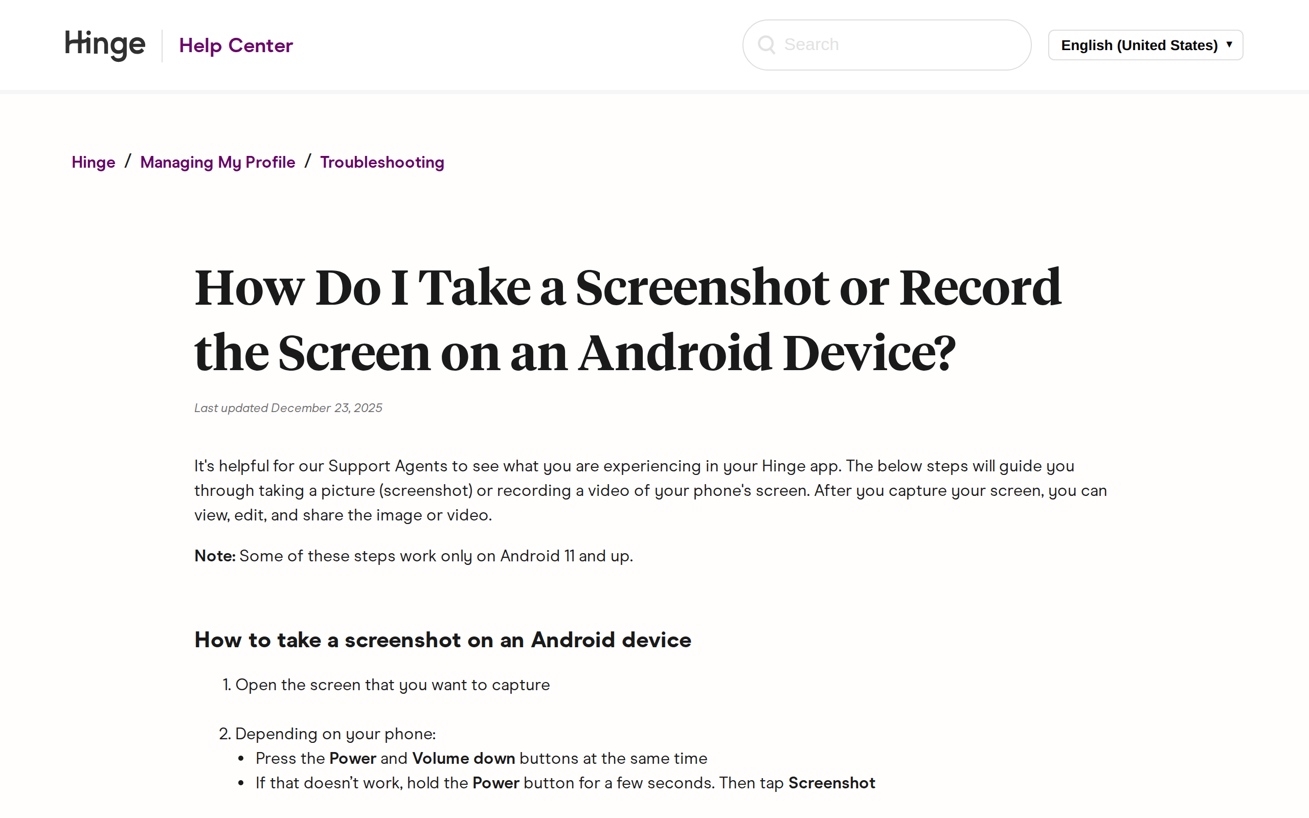 Hinge Help Center article titled How Do I Take a Screenshot or Record the Screen on an Android Device, showing numbered steps to press Power and Volume down at the same time