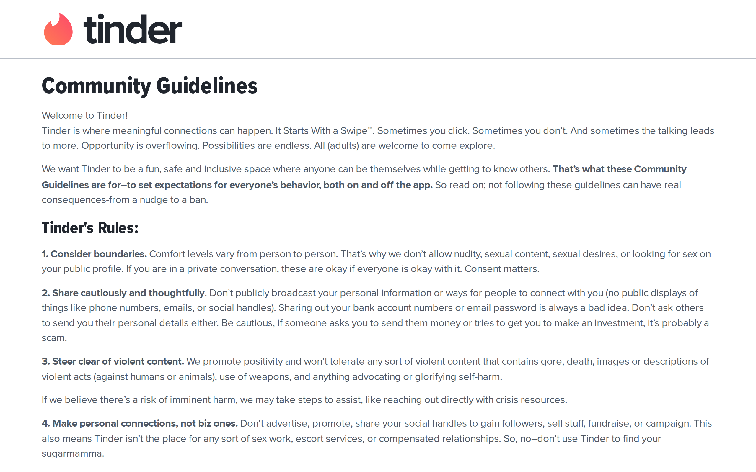 Tinder Community Guidelines page listing Tinder's rules, including consider boundaries and share cautiously and thoughtfully, with a note that not following the guidelines can have real consequences from a nudge to a ban