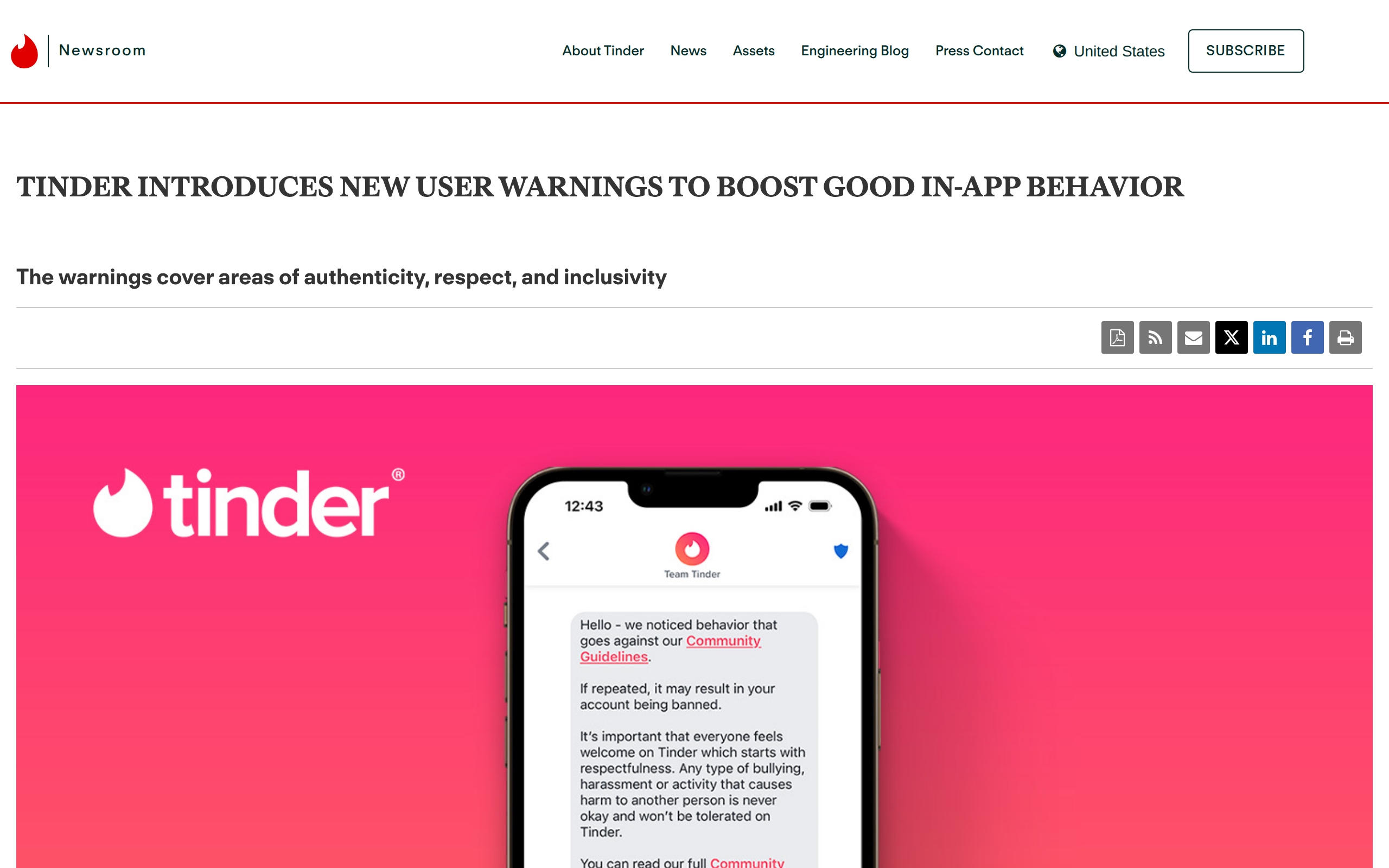 Tinder Newsroom article headlined Tinder Introduces New User Warnings To Boost Good In-App Behavior, showing a phone with a Team Tinder message saying it noticed behavior that goes against the Community Guidelines and that repeats may result in the account being banned