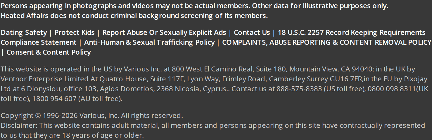 Heated Affairs site footer stating that persons appearing in photographs and videos may not be actual members, that other data is for illustrative purposes only, and that Heated Affairs does not conduct criminal background screening of its members, above legal policy links and operator addresses