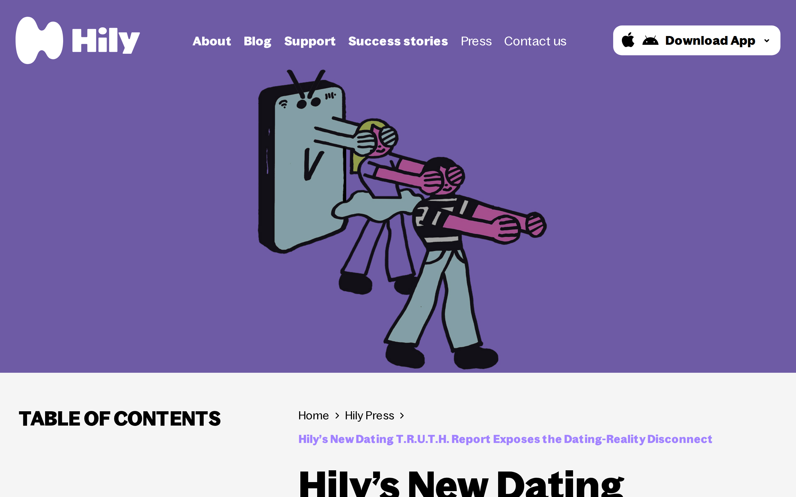 Hily press page for the 2026 Dating T.R.U.T.H. Report on a purple background, with an illustration of two people reaching through a phone screen, a table of contents heading, and a breadcrumb trail reading Home, Hily Press, Hily's New Dating T.R.U.T.H. Report Exposes the Dating-Reality Disconnect