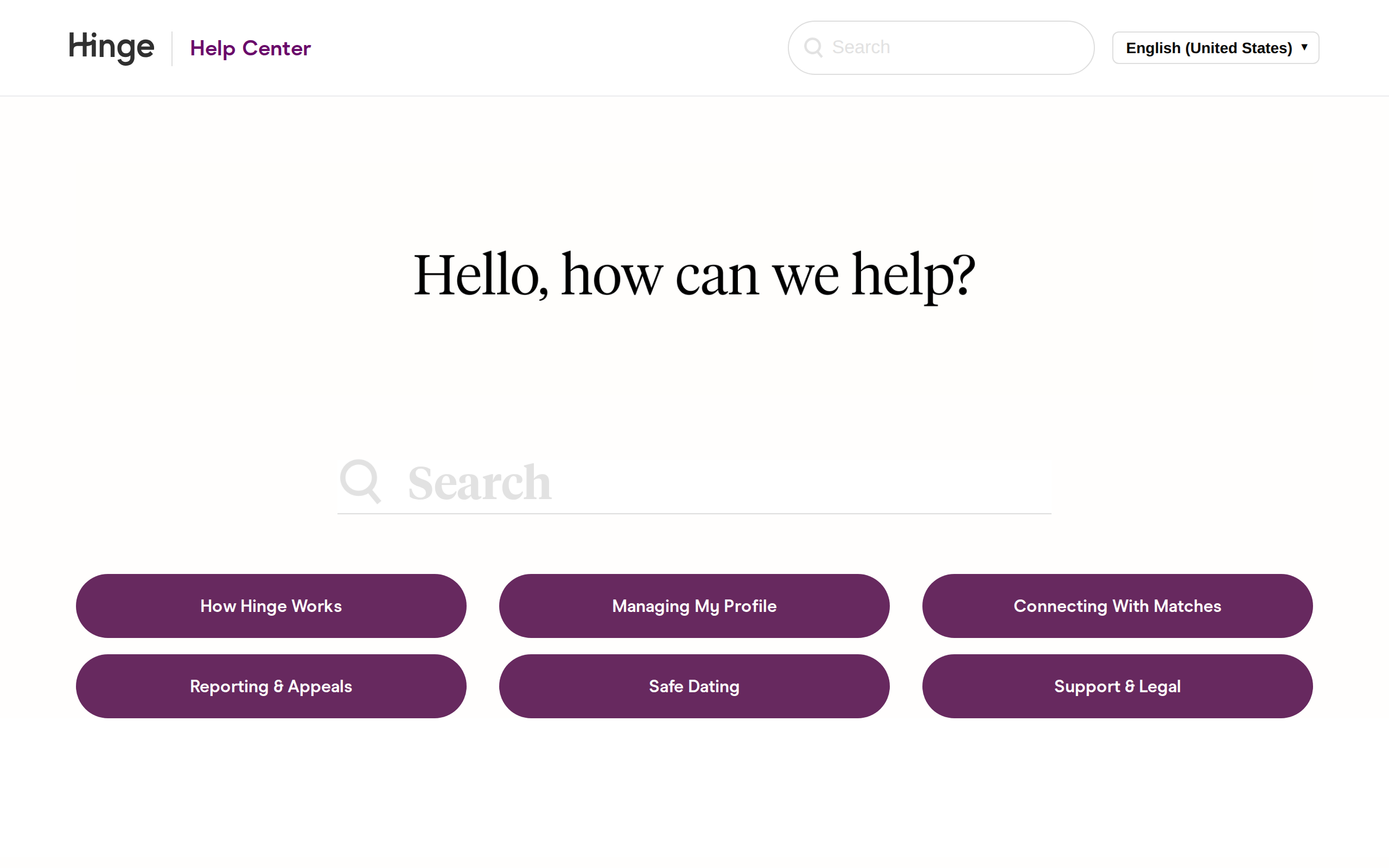 Hinge Help Center home page headed Hello, how can we help, with six purple category buttons labelled How Hinge Works, Managing My Profile, Connecting With Matches, Reporting and Appeals, Safe Dating and Support and Legal
