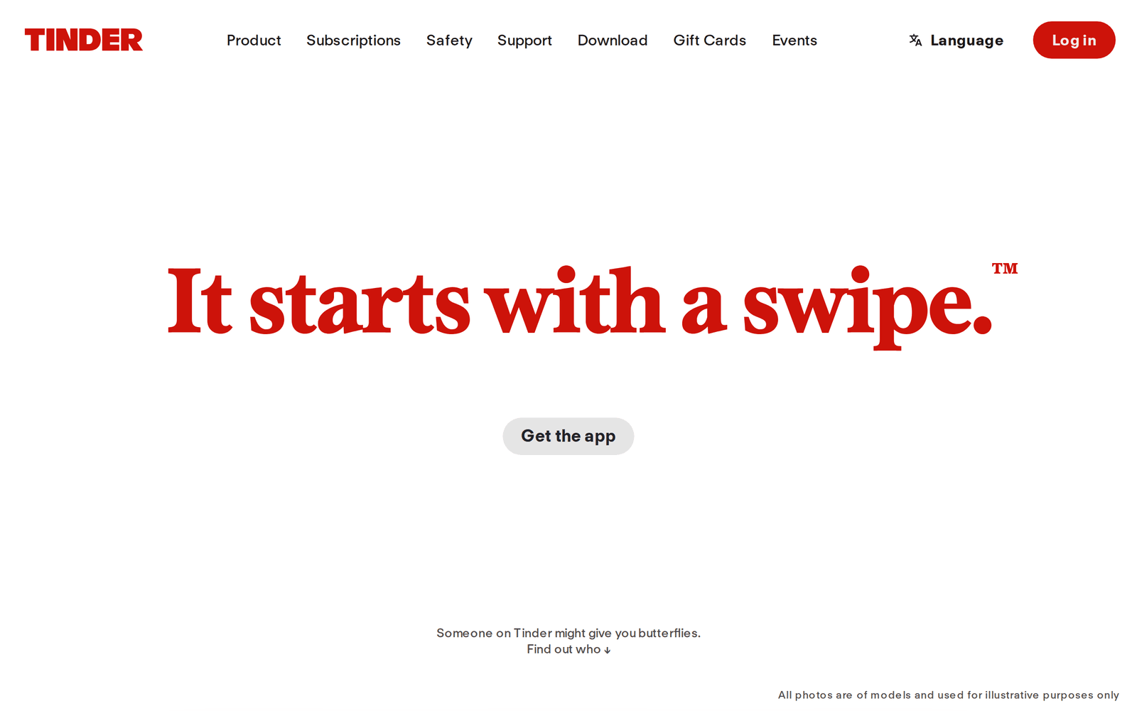 Tinder homepage with the headline It starts with a swipe and a Get the app button