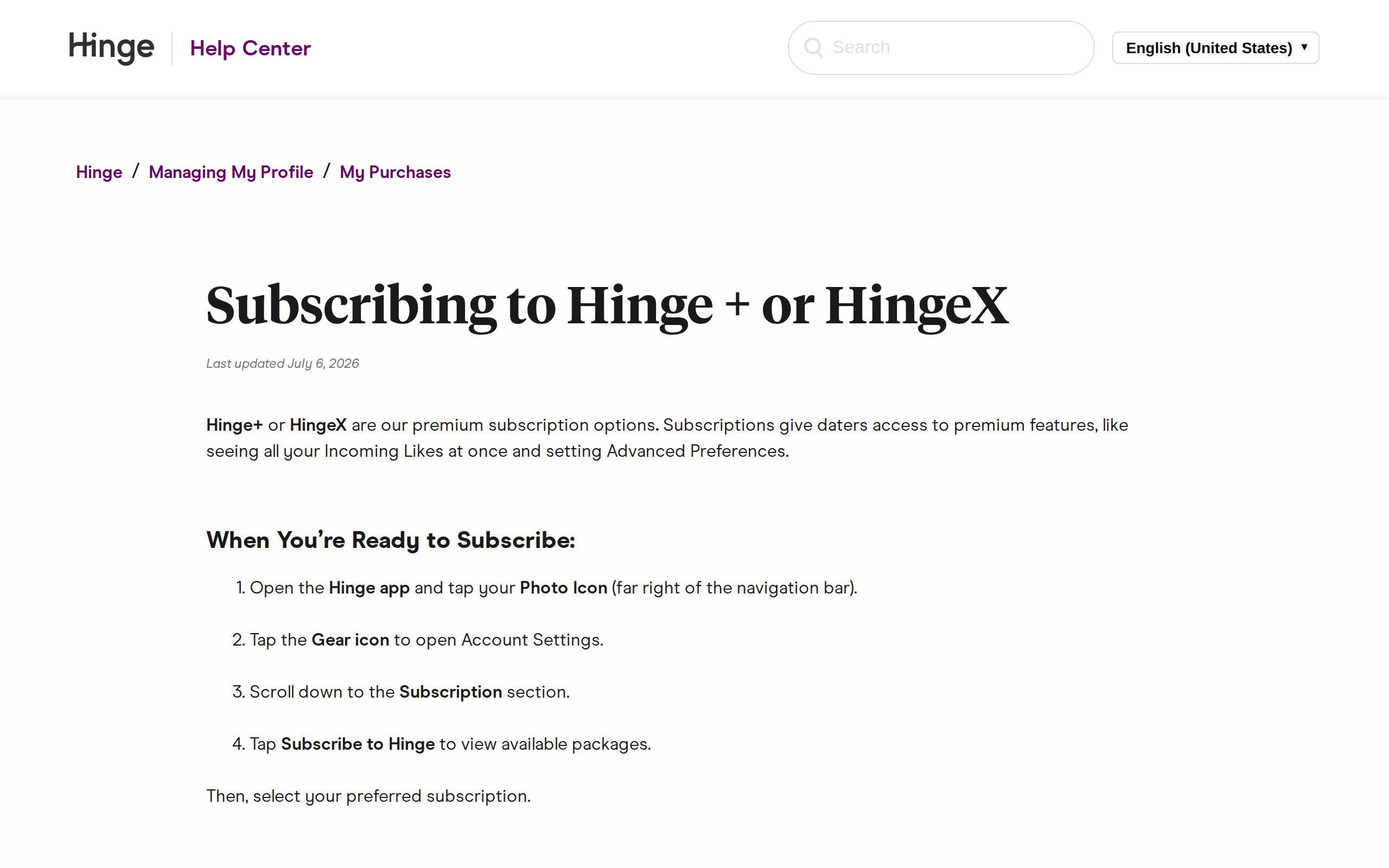 Hinge Help Center page titled Subscribing to Hinge Plus or HingeX, listing the four in-app steps to open Account Settings and view available subscription packages