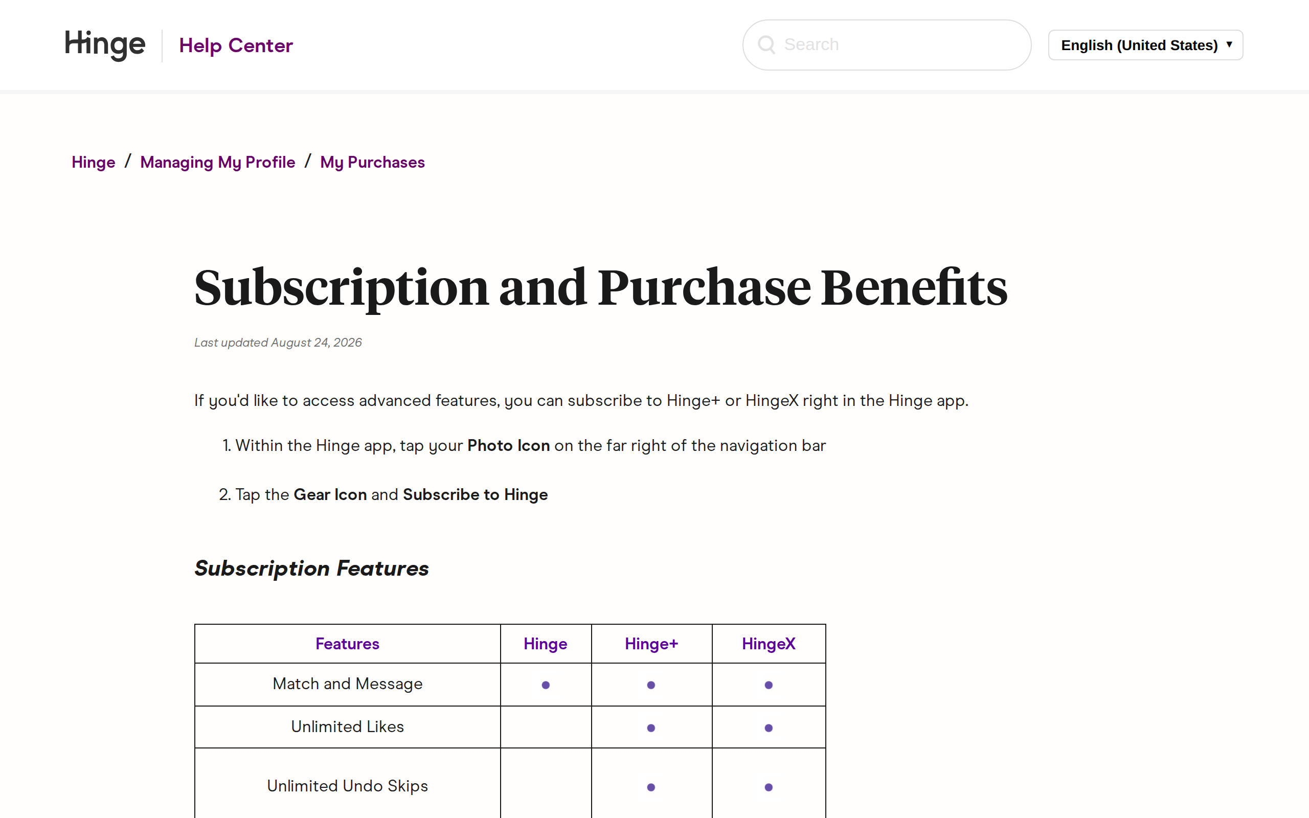 Hinge Help Center page titled Subscription and Purchase Benefits, last updated August 24, 2026, showing steps to subscribe and the start of a Subscription Features table comparing Hinge, Hinge+ and HingeX across Match and Message, Unlimited Likes and Unlimited Undo Skips