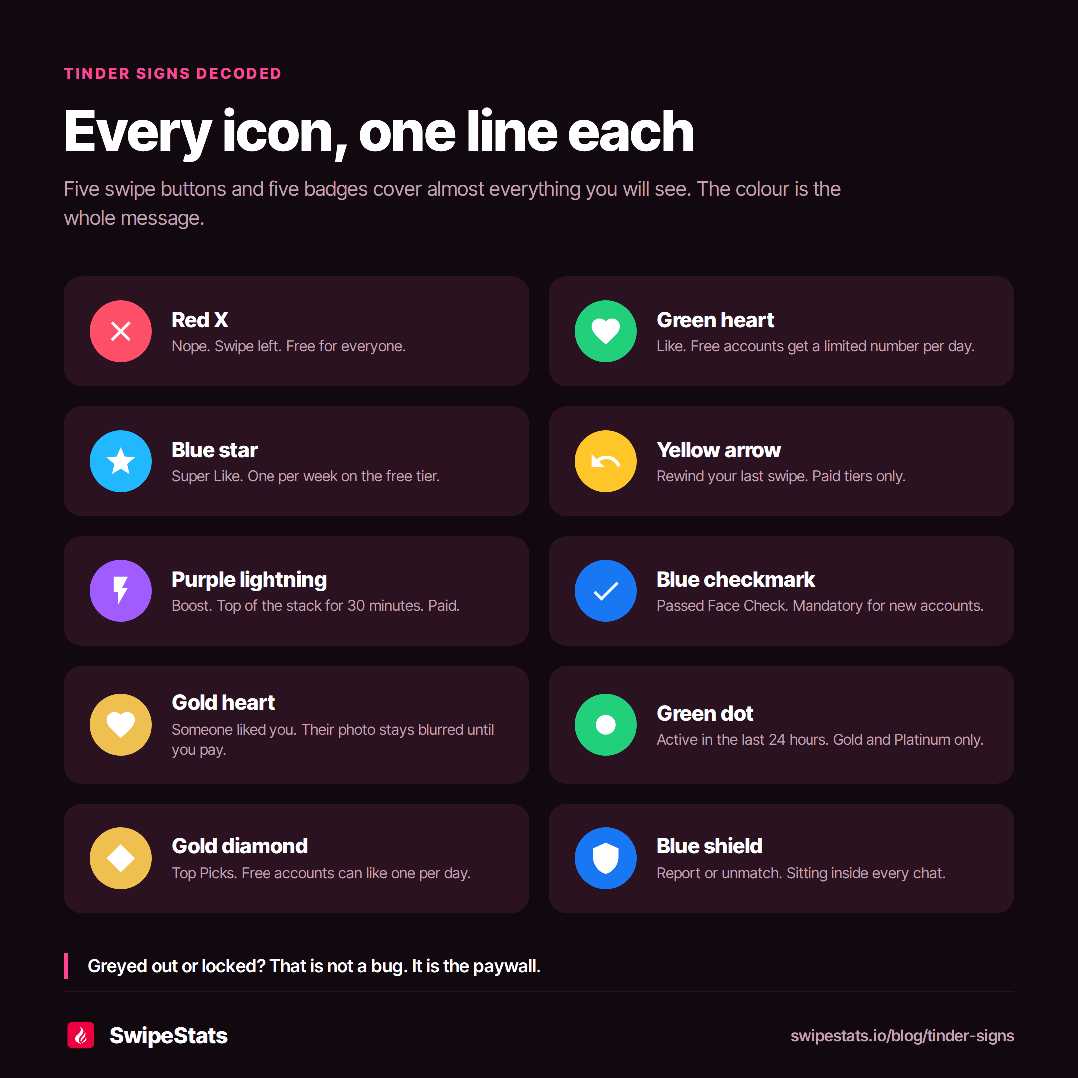 Infographic decoding ten Tinder signs, with a coloured icon chip beside each: red X for nope, green heart for like, blue star for Super Like, yellow arrow for rewind, purple lightning for Boost, blue checkmark for Face Check, gold heart for someone liked you, green dot for active in the last 24 hours, gold diamond for Top Picks, and blue shield for report or unmatch