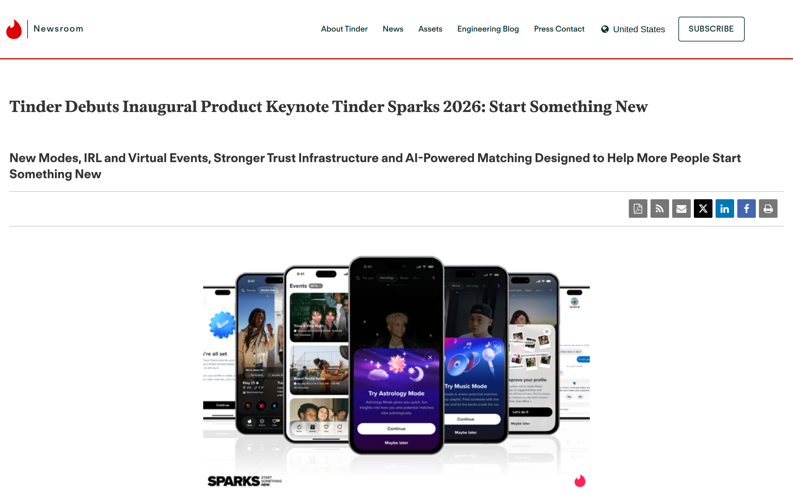 Tinder newsroom page headlined Tinder Debuts Inaugural Product Keynote Tinder Sparks 2026, with a fan of phone screens showing Face Check verification, Events, Try Astrology Mode and Try Music Mode