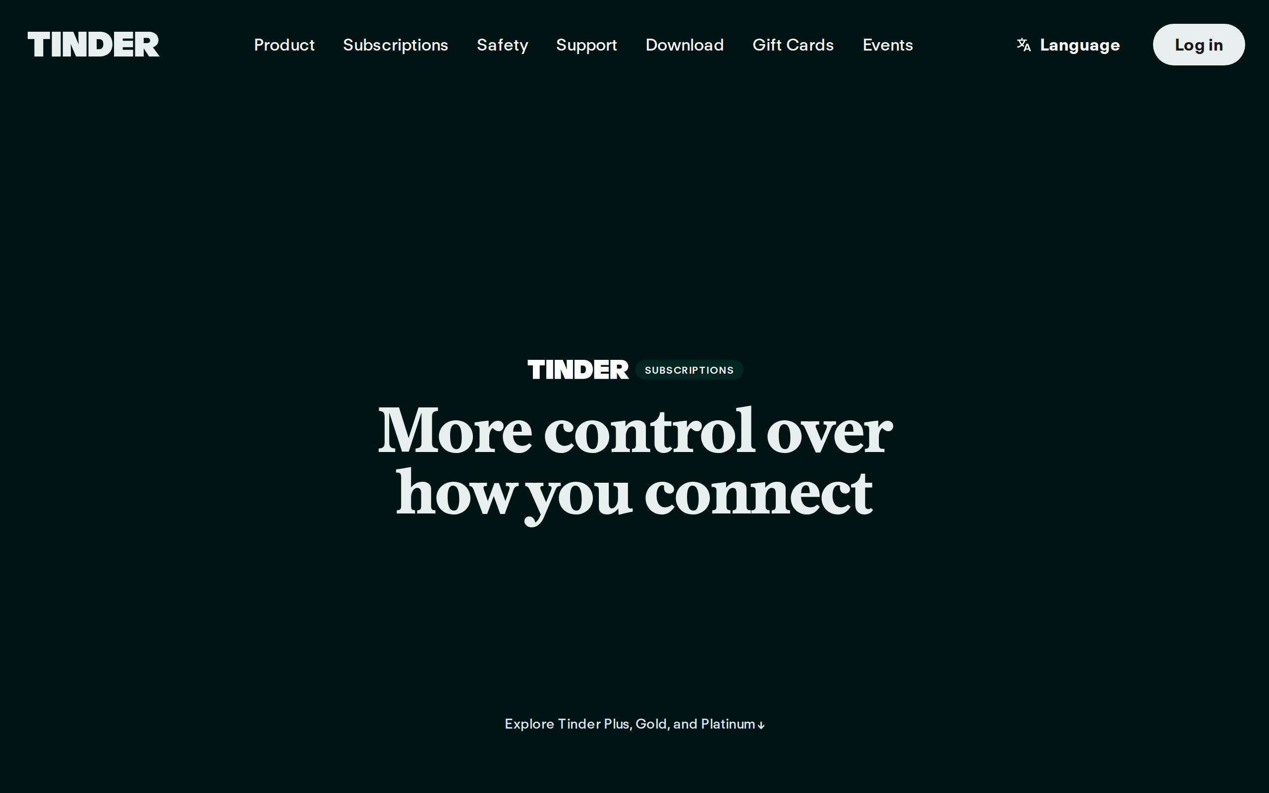 Tinder's subscriptions landing page with the headline 'More control over how you connect' and a prompt to explore Tinder Plus, Gold, and Platinum