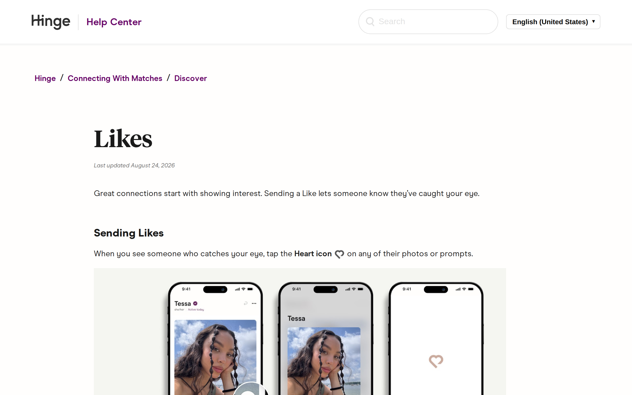 Hinge Help Center article headlined Likes, explaining under Sending Likes that you tap the heart icon on any of someone's photos or prompts, shown with three phone mockups of a Hinge profile